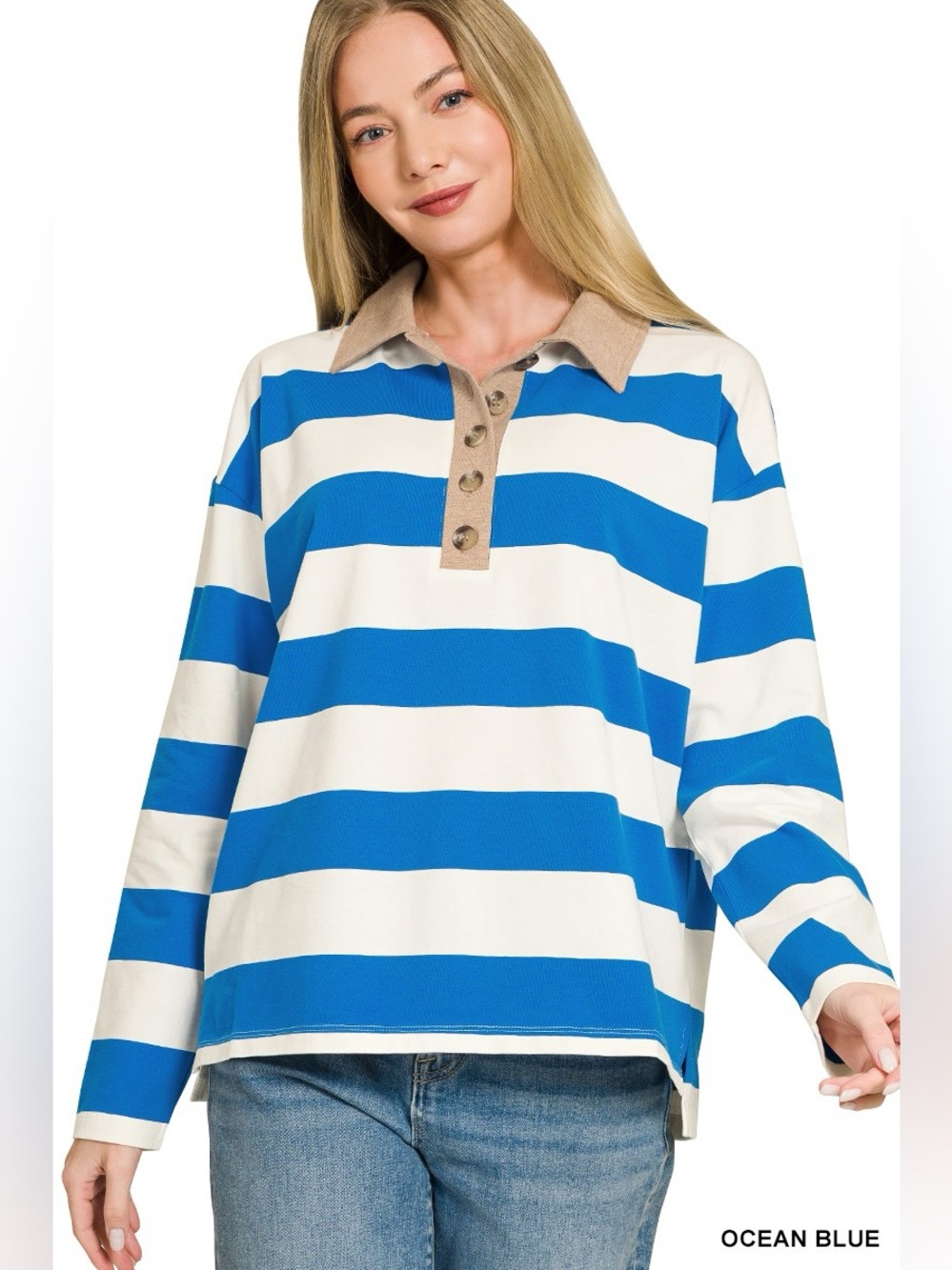 Zenana Striped Contrast Collar Polo Top - Picture 1 of 5